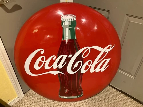 Vintage Original Coca Cola Metal 36 inch button Sign. Fantastic condition!