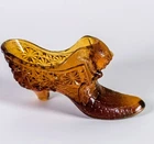Vintage Fenton "Daisy and Button" Pattern Glass Shoe In Amber w/ Cat Face
