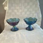 Vintage Indiana Carnival Glass Blue Harvest Grape footed candle sticks, pair