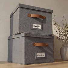 Decorative File Organizer Box Set of 2 - Collapsible Linen Filing Cabinets