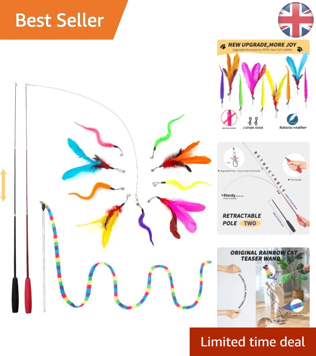 Interactive Feather Wand Set for Cats – 3 Wands & 9 Bell Refills Included