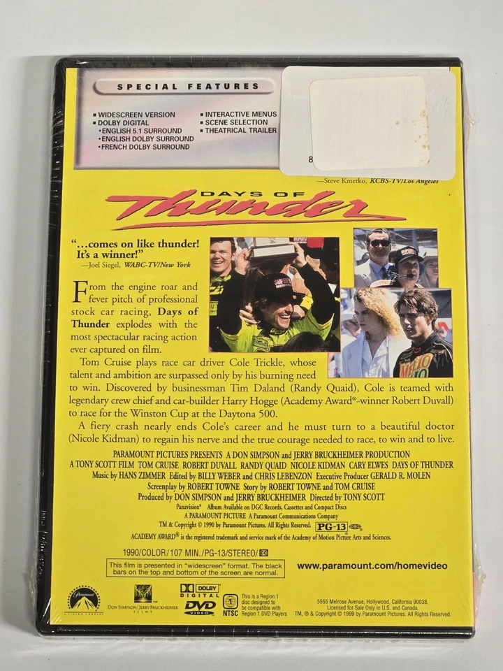 Days of Thunder DVD 1990 Factory Sealed / New Tom Cruise Nicole Kidman - Image 2 of 2