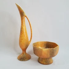 Vintage Royal Haeger Pottery Set Yellow Orange 14" Ewer Pitcher Octagon Bowl