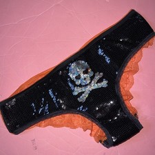 VICTORIA'S SECRET PINK M HIPSTER PANTY HALLOWEEN SKULL SEQUIN Black Orange Lace