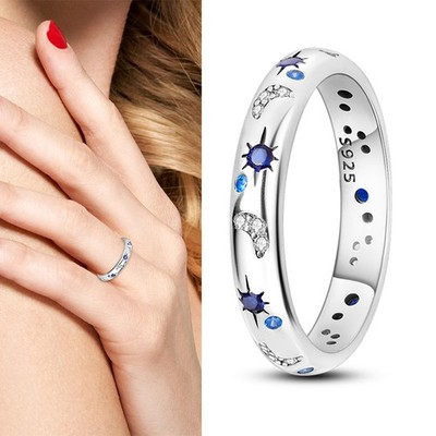 KUNSIR 925 Sterling Silver Sparkling Starry Night Ring  For Women Men Jewelry