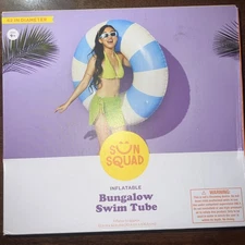 Sun Squad  Pool Swim 42’ Inflatable Bungalow Tube Ring Float Blue White Stripes