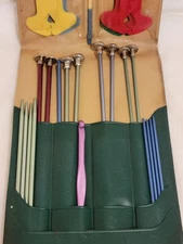 Vintage Knitting Needles and Crochet Hooks Set with Stitch Holder. Incl Old Ad.