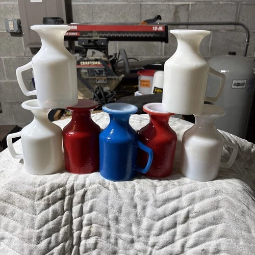 Vintage Anchor Hocking Coffee or Tea Pedestal Mugs 7 Red White Blue Milk Glass