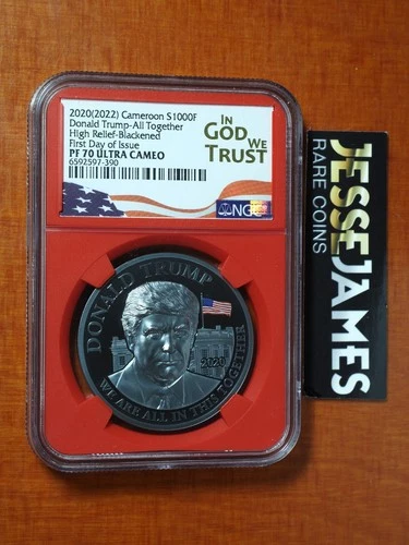 2020 (2022) CAMEROON PROOF BLACKENED SILVER DONALD TRUMP NGC PF70 FDI 1 OZ .999
