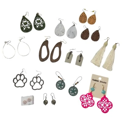 Fashion Earring Lot Women OS Multi Wood Leather Tassel Boho Western Dangle Studs - Image 1 of 4