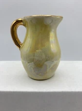 Vintage Miniature Small Vase Pitcher Iridescent Yellow With Gold Handle 3”