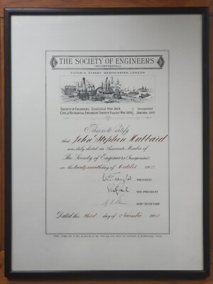 VINTAGE THE SOCIETY OF ENGINEERS INTEGRATED CERTIFICATE (1969), GLAS GERAHMT.