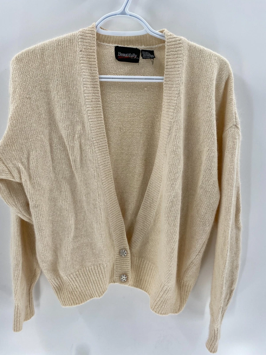 VTG Beige Silk Angora Wool Blend Cardigan Rhinestone Buttons Women s Sz L