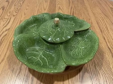 Cabbage Ceramic Vegetable Tray and Dip Holder Green Brown 256B USA Pottery 5 Pc