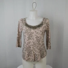 Elle 3/4 Sleeve Scoop Neck Beaded Yoke Roses & Lace Printed Top XS #1465