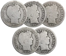 LOT OF 5 Different BARBER SILVER DIMES in G/VG (5 PC. LOT) CIRCULATED