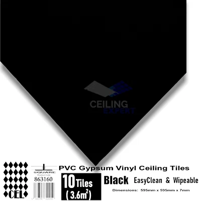 CEILING EXPERT Black Suspended Vinyl Ceiling Tiles 600x600 Wipeable EasyClean 595x595 10x Tiles