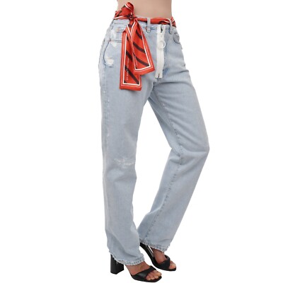 OFF-WHITE Virgil Abloh Logo Silk Scarf Straight Distressed Jeans