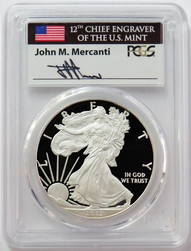 2012 W AMERICAN SILVER EAGLE MERCANTI SIGNED $1 PROOF 1 oz COIN PCGS PF 70 DCAM