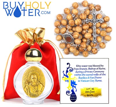 Blessed Holy Water Jesus Vial & Holy Soil Wood Rosary Crucifix Prayer Beads ]]