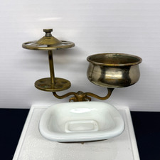 Jabonera antigua de porcelana con soporte para taza de jabón de metal de latón vintage