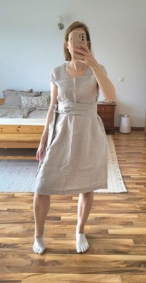 100% Linen summer dress L, cap sleeves, round neckline, A-line, breathable &...
