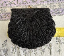 Vintage Black Beaded Purse Evening Bag Clamshell Clutch Gold Metal Chain