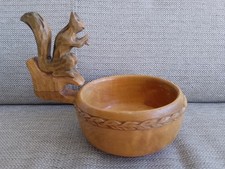 Vintage Norwegian Folk Art Carved Wooden Bowl with Squirrel