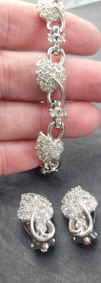 Винтажный Pennino серебряного тона прозрачный со стразами браслет и серьги комплект подписанный - Изображение 3 из 4