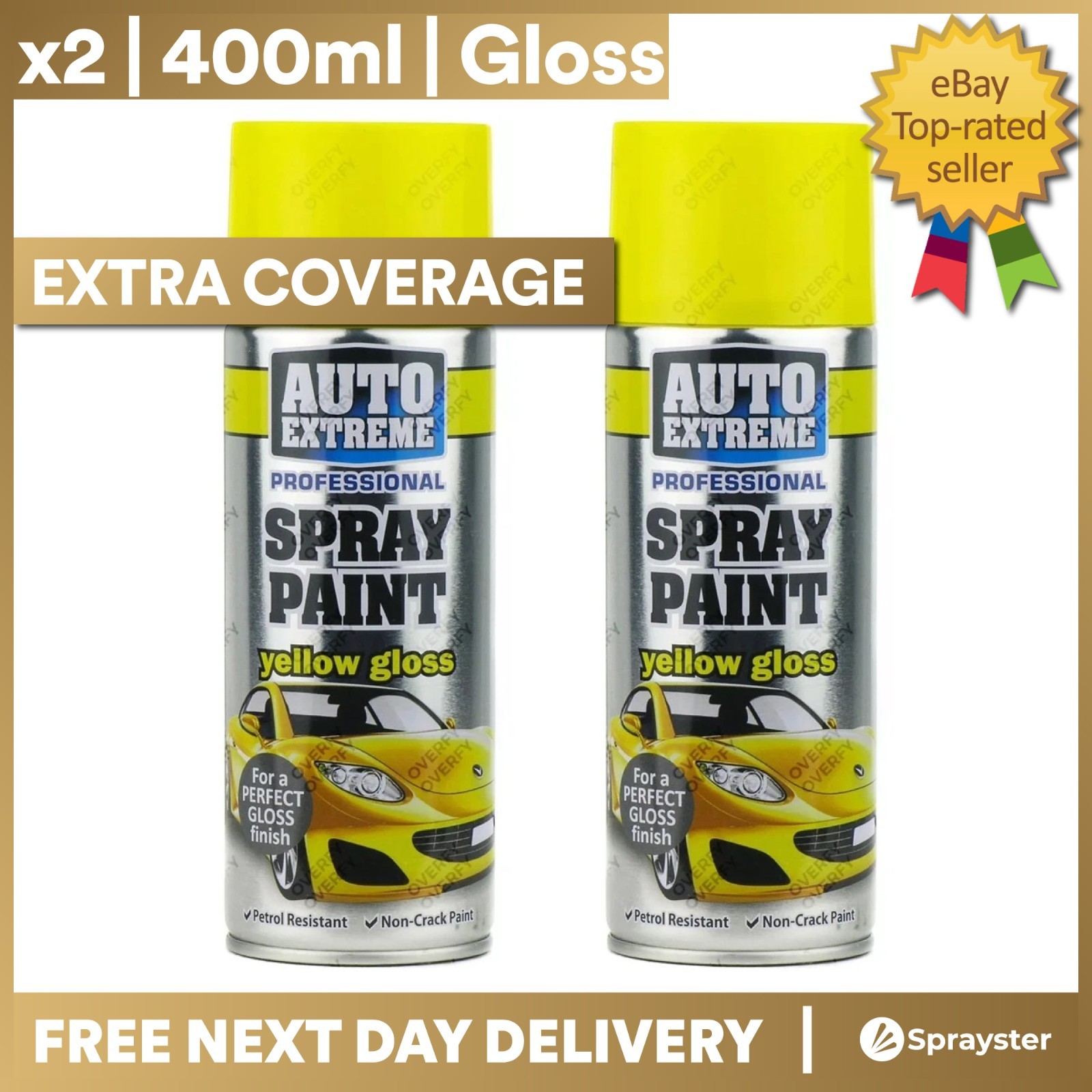 2 x 400ml Yellow Gloss Spray Paint Aerosol Can Auto Extreme Metal Wood