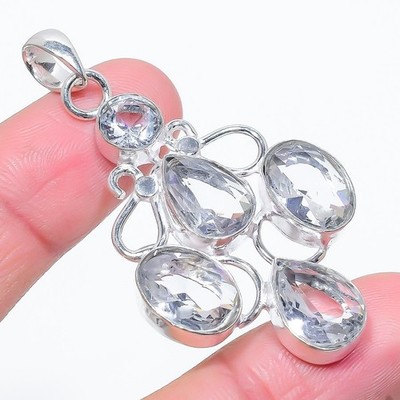 Handgefertigter weißer Topas Edelstein 925 Sterlingsilber Schmuck Anhänger...