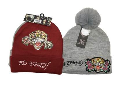 Ed Hardy Beanie Hat Lot of 3 Red & Gray Tiger Tattoo Knit Skull Cap NWT