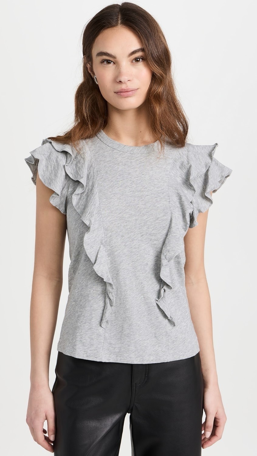 Veronica Beard Jean Bea Short Sleeve Ruffle Tee XS gray Pima cotton quiet luxury