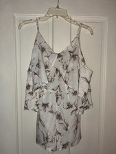 PrettyLittleThing Dress US 0 Cream Floral Cold Shoulder Ruffle Mini UK 4