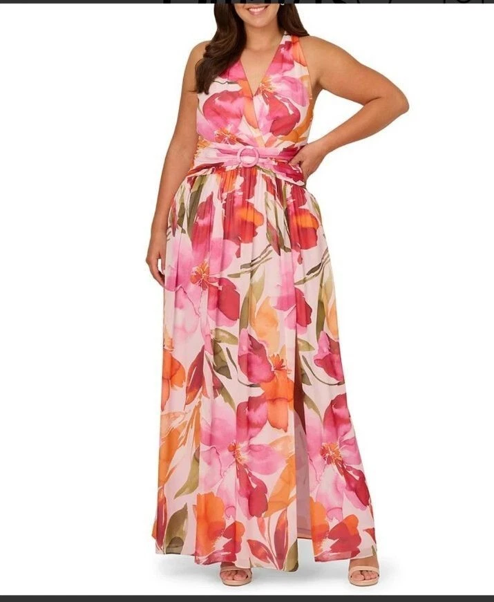 Maxi Vestido Adrianna Papell Floral de Gasa Talla 18 Plus $199 Fiesta Noche