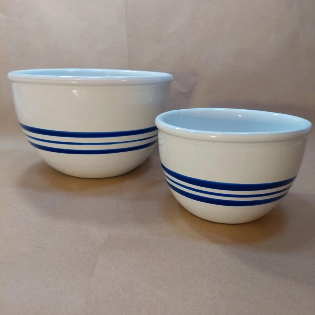 Mixing Bowls Italy Blue Stripe 2 Set 8 In, 6 In Crock Nesting Stoneware Pottery