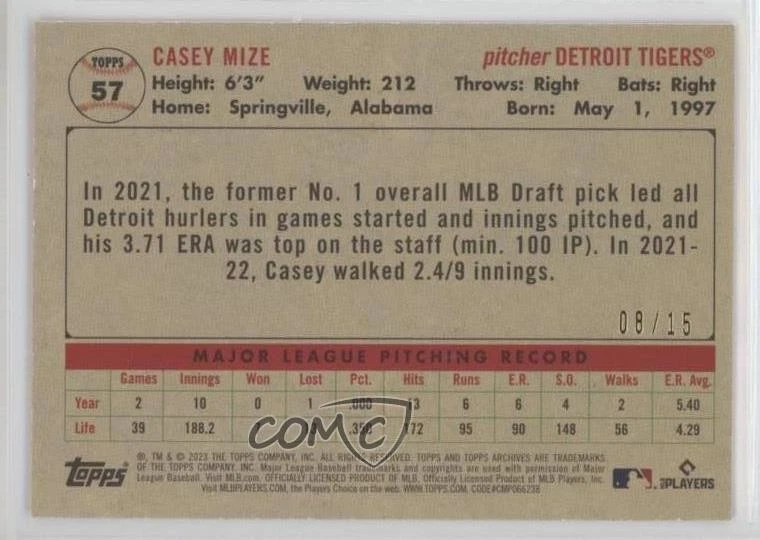 2023 Topps Archives 1956 Topps Orange Hot Foil /15 Casey Mize #57 - Image 2 of 2