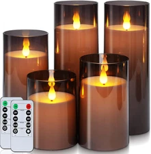 Gray Flameless LED Pillar Candles Set of 5, Acrylic Shell, Remote Timer, Battery