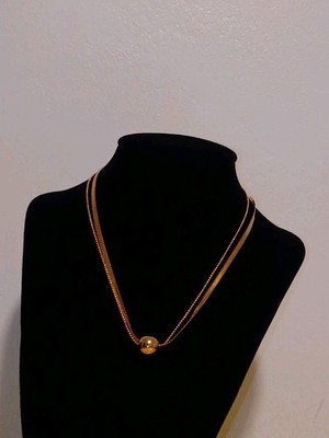 Gold Tone Double Strand Snake Chain Necklace w/ Round Bead Charm Pendant