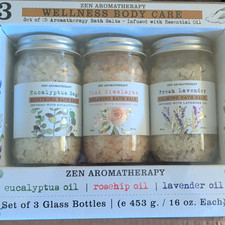 Zen Aromatherapy Wellness Bath Salts Set of 3 Essential Oil, 16 oz, Scents
