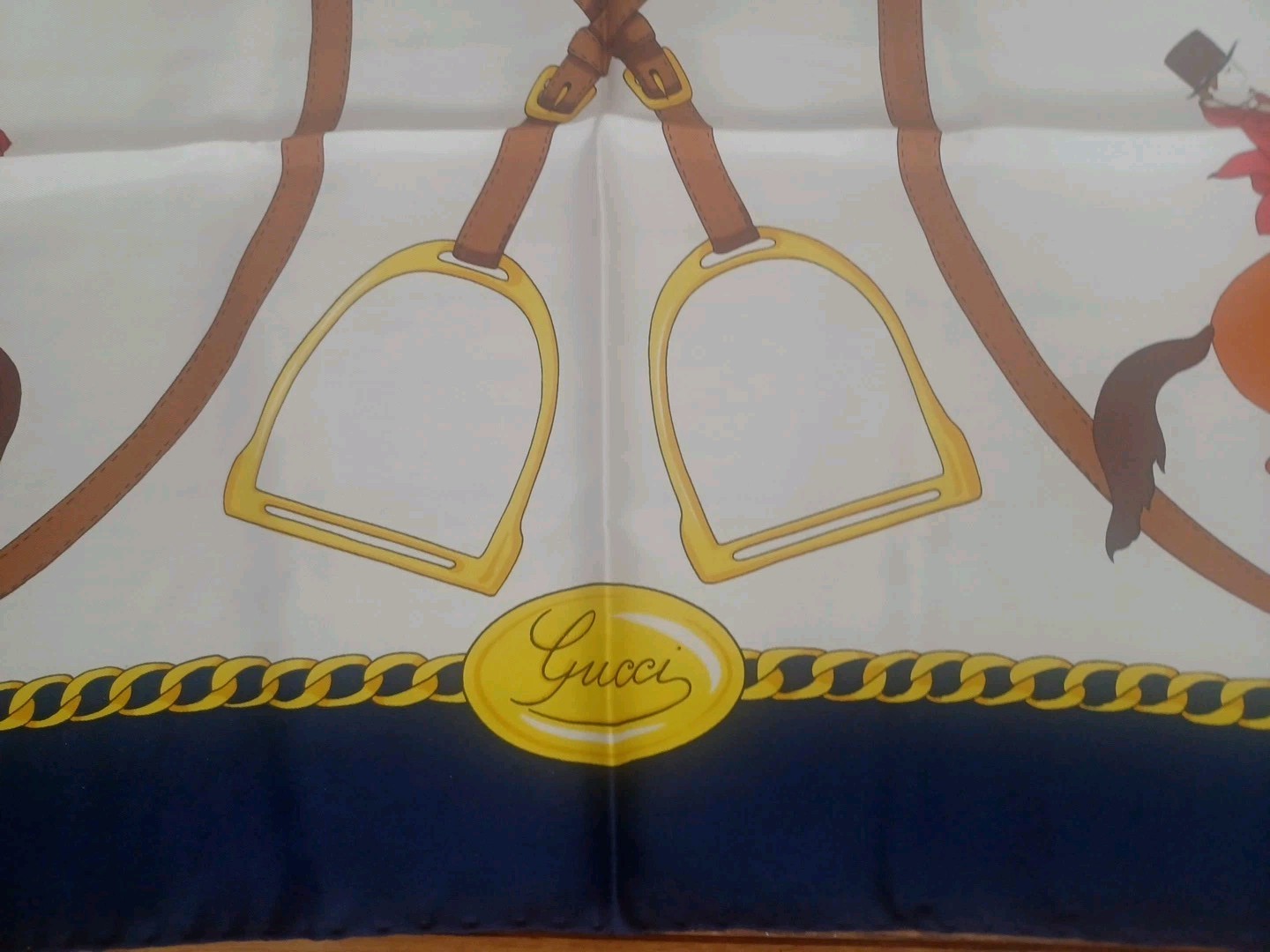 Vintage Gucci Horse Jockeys Blue Trim Silk Scarf 33”x33"  Ref4011 NWT  thumbnail 2
