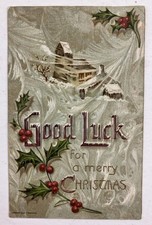 Antique 1909 Christmas Postcard CHURCH SWIRLING SNOW F Beuthien Embossed Posted