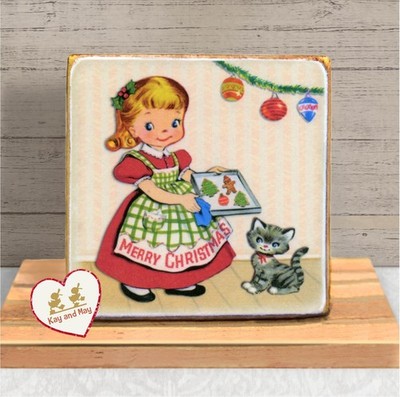 Retro Christmas Girl with Cookies vintage style shelf sitter home decor  WB-53