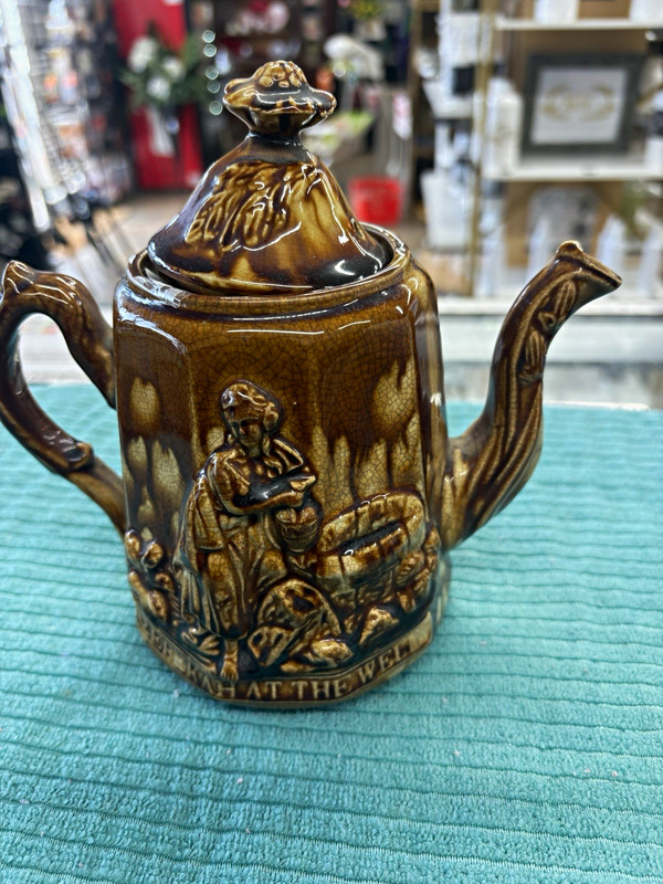 Brown/Beige Glossy Ceramic Teapot w/ Lid Handle Decorative Relief Scene