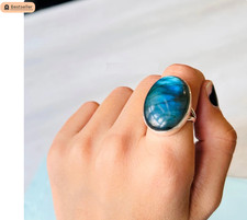 Natural Labradorite Ring 925 Sterling Silver Boho Blue Fire Ring All Size R322