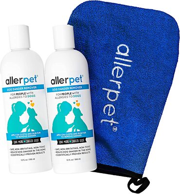 Allerpet Dog Dander Remover, 12oz Bottle + Bonus Pet Mitt Applicator to Easily A
