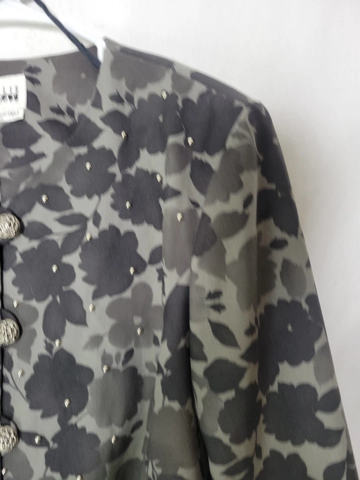 Blazer De Colección Leslie Fay Gris Floral Manga Larga Tachonado Abotonado Para Mujer Talla 16 Foto 4 de 4