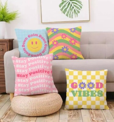 süße Kissenhülle Retro Style Good Vibes Regenbogen rosa gelb