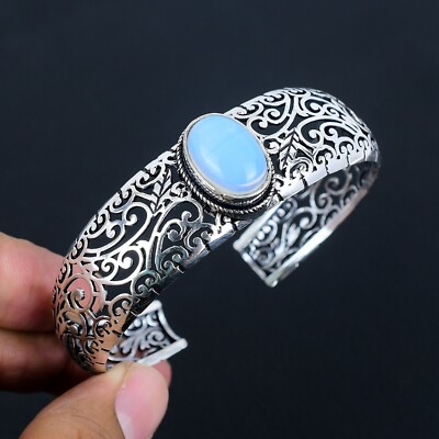Milky Opal Gemstone Handmade 925 Sterling Silver Open Cuff Bangle Adjustable