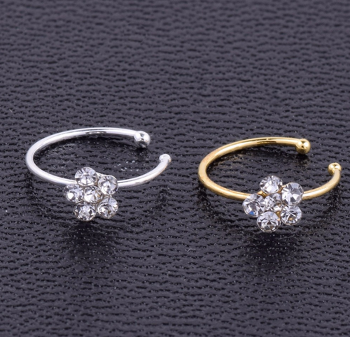 Surgical Steel Plated Nose Ring Flower Rhinestone Bone Body Piercing Stud - Picture 2 of 7